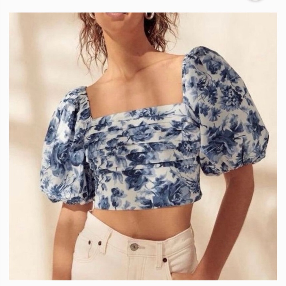 Abercrombie Blue Floral Puff-Sleeve Square-Neck Crop Top
